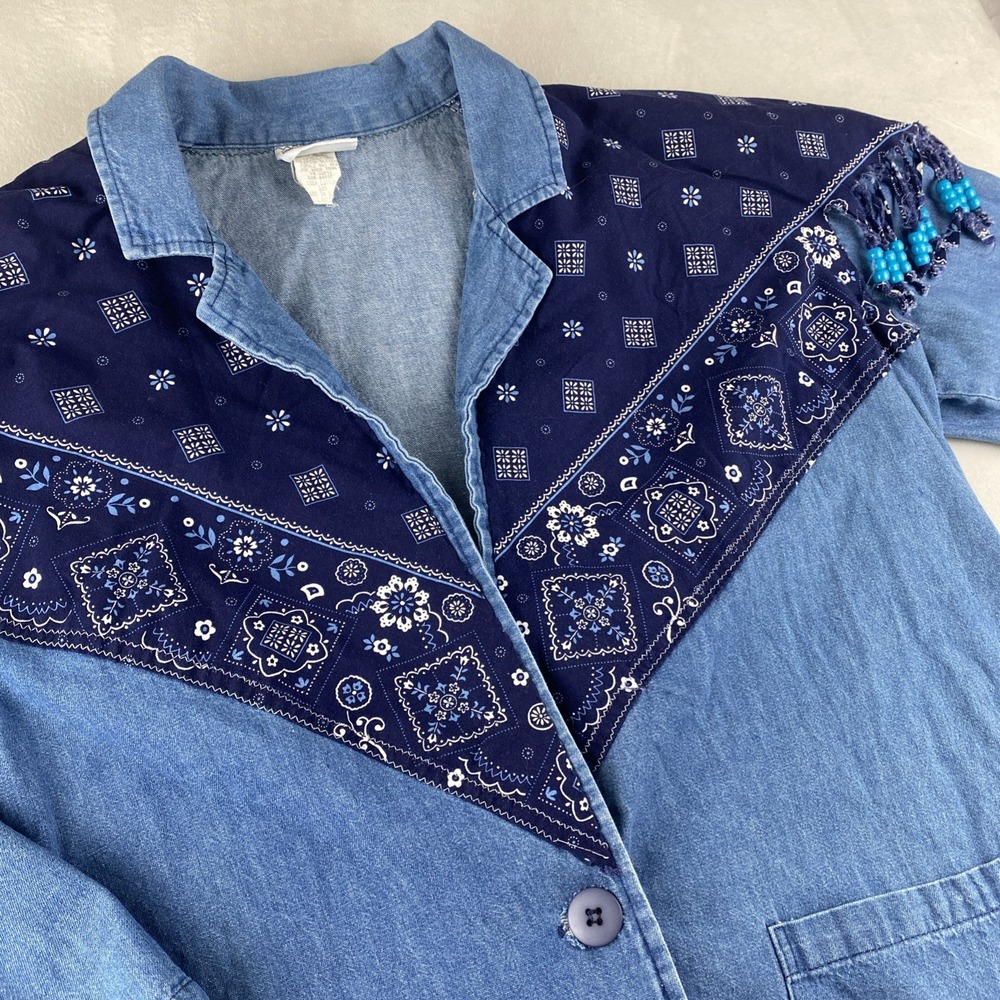 VTG western denim cotton blazer‎ womens L  beaded southwestern USA lightweight